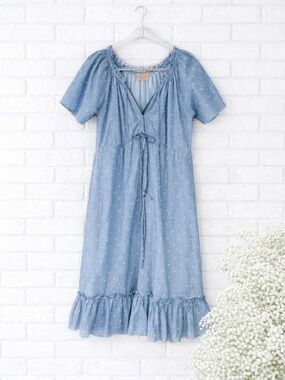 Rungolee Blue Cotton Voile Swiss Dot Flounce Hem Dress Size XS